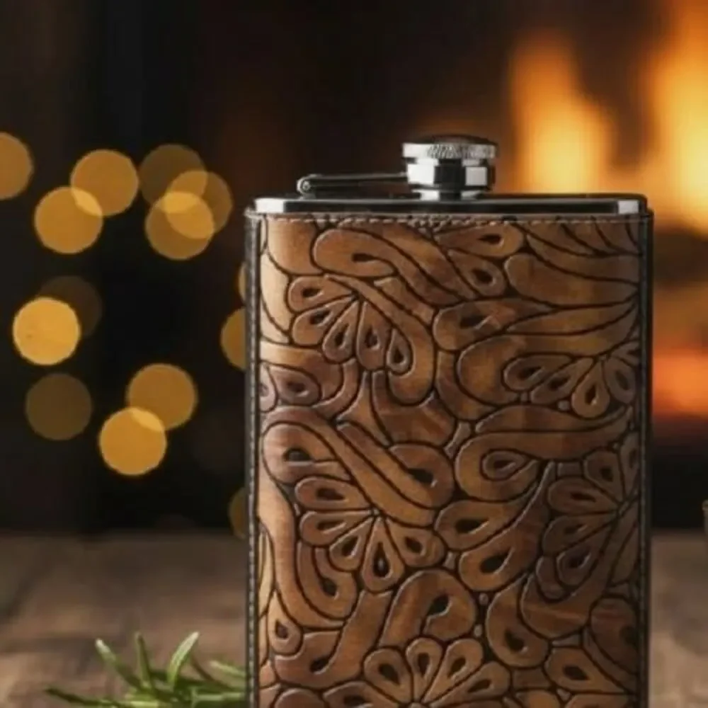 8oz Hip Flask Embossed Brown Paisley Faux Leather Stainless Steel Pocket Gift